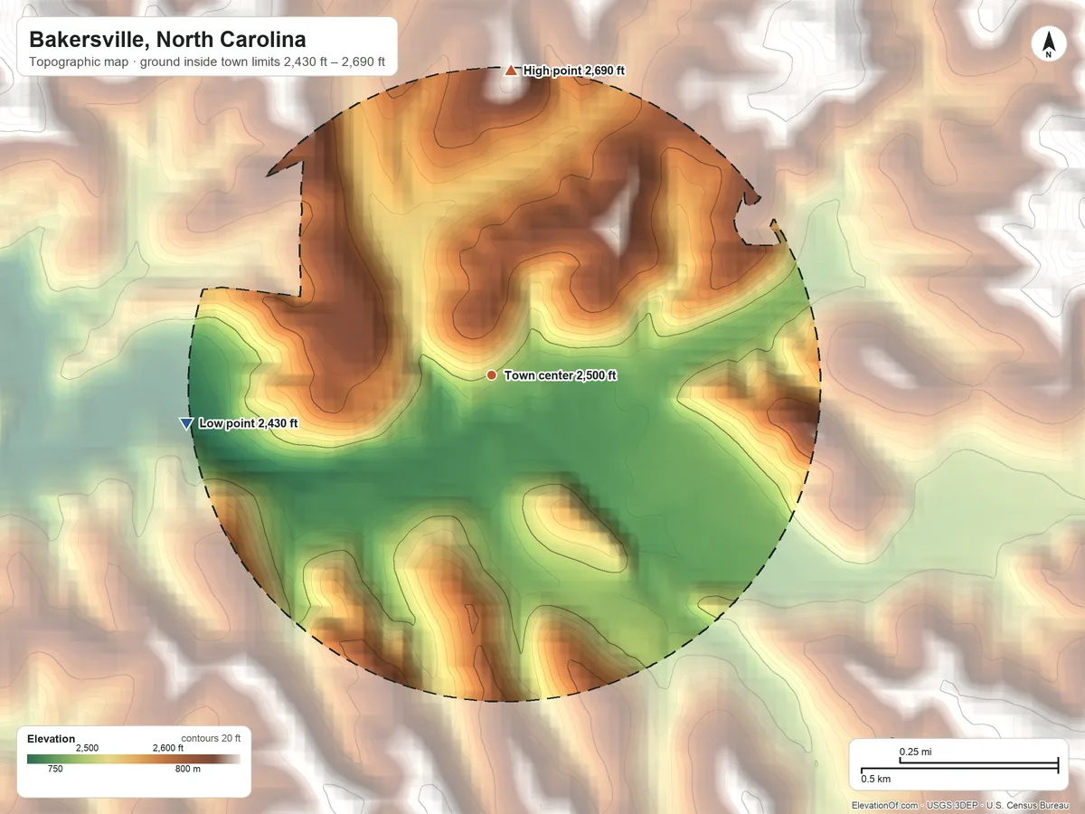Topographic elevation map of Bakersville, North Carolina, shaded from 2,430 ft on the west side to 2,690 ft at the foot of the Green Mountains