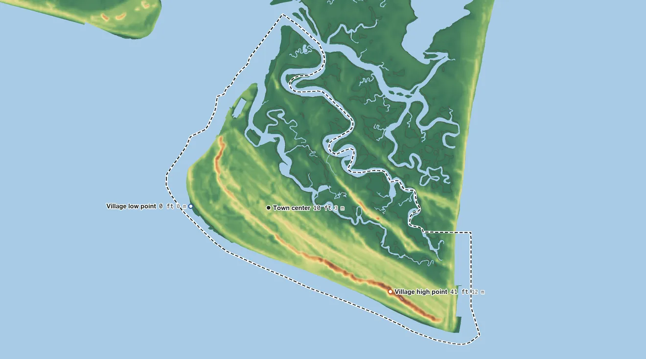 Topographic elevation map of Bald Head Island, North Carolina, shaded from sea level level on the Atlantic Ocean to 41 ft on the southeast side