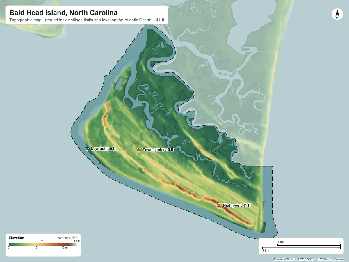 Topographic elevation map of Bald Head Island, North Carolina, shaded from sea level level on the Atlantic Ocean to 41 ft on the southeast side