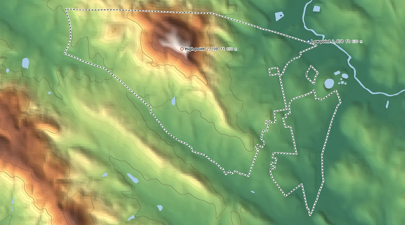 Topographic elevation map of Balfour, North Carolina, shaded from 2,070 ft on the northeast side to 2,790 ft on Stoney Mountain
