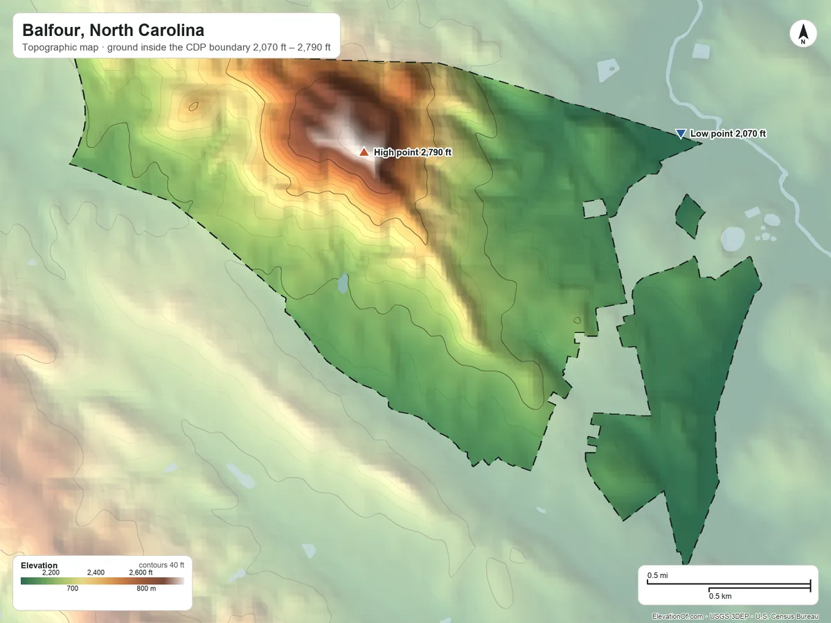 Topographic elevation map of Balfour, North Carolina, shaded from 2,070 ft on the northeast side to 2,790 ft on Stoney Mountain