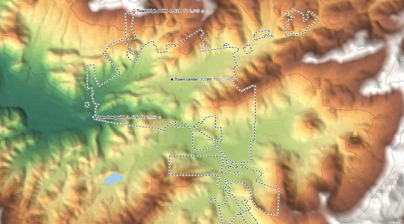 Topographic elevation map of Banner Elk, North Carolina, shaded from 3,420 ft on the southwest side to 4,410 ft on the northwest edge, below higher ground just outside