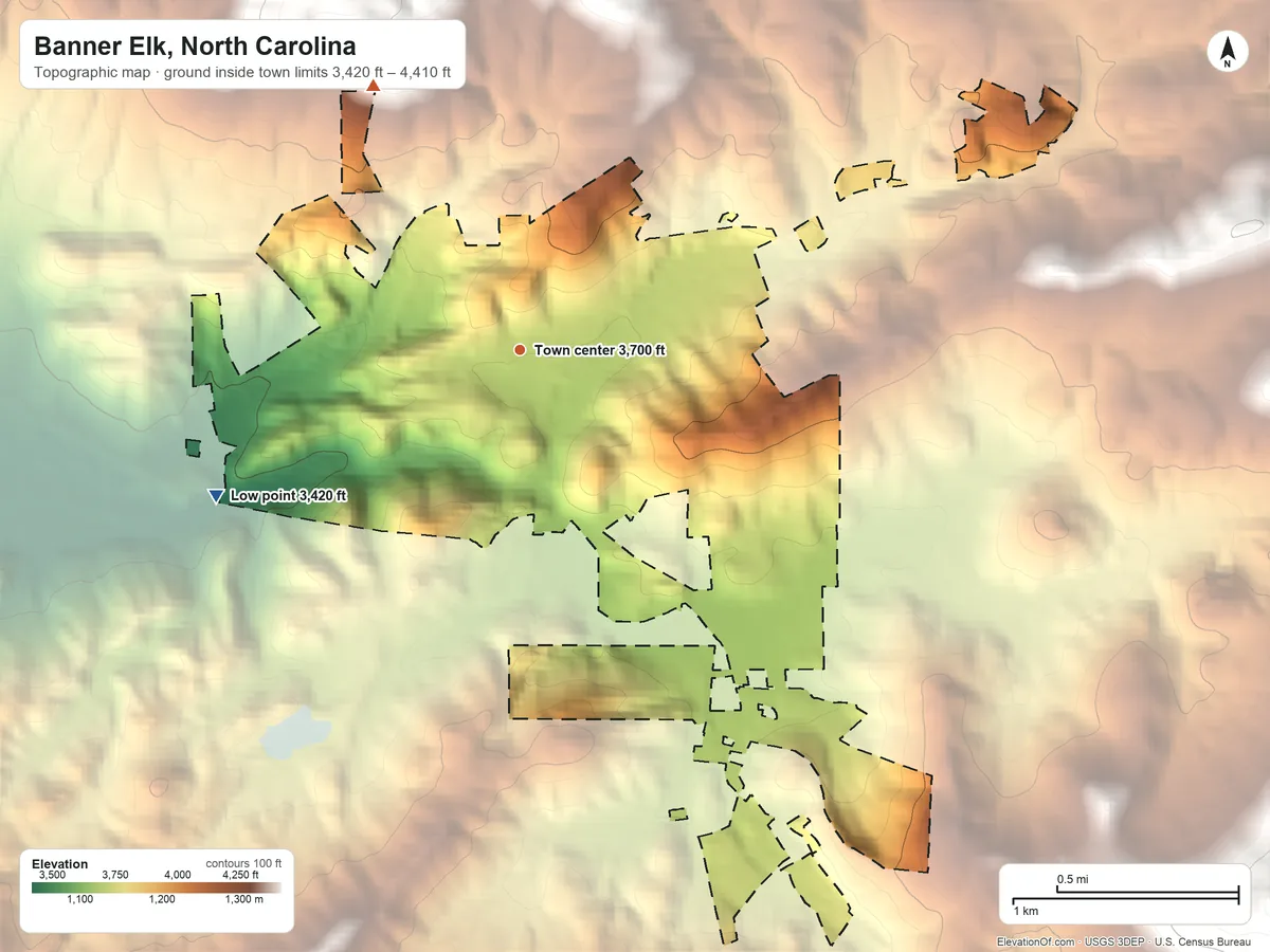 Topographic elevation map of Banner Elk, North Carolina, shaded from 3,420 ft on the southwest side to 4,410 ft on the northwest edge, below higher ground just outside