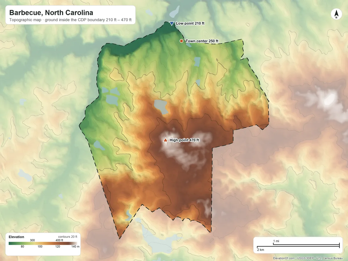 Topographic elevation map of Barbecue, North Carolina, shaded from 210 ft near the middle to 470 ft on Holmes Hill