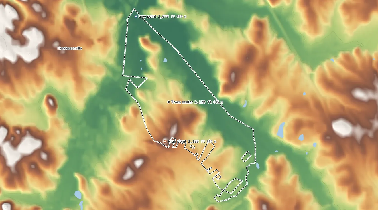 Topographic elevation map of Barker Heights, North Carolina, shaded from 2,070 ft on the north side to 2,180 ft on the south side
