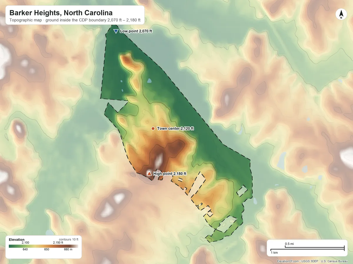 Topographic elevation map of Barker Heights, North Carolina, shaded from 2,070 ft on the north side to 2,180 ft on the south side