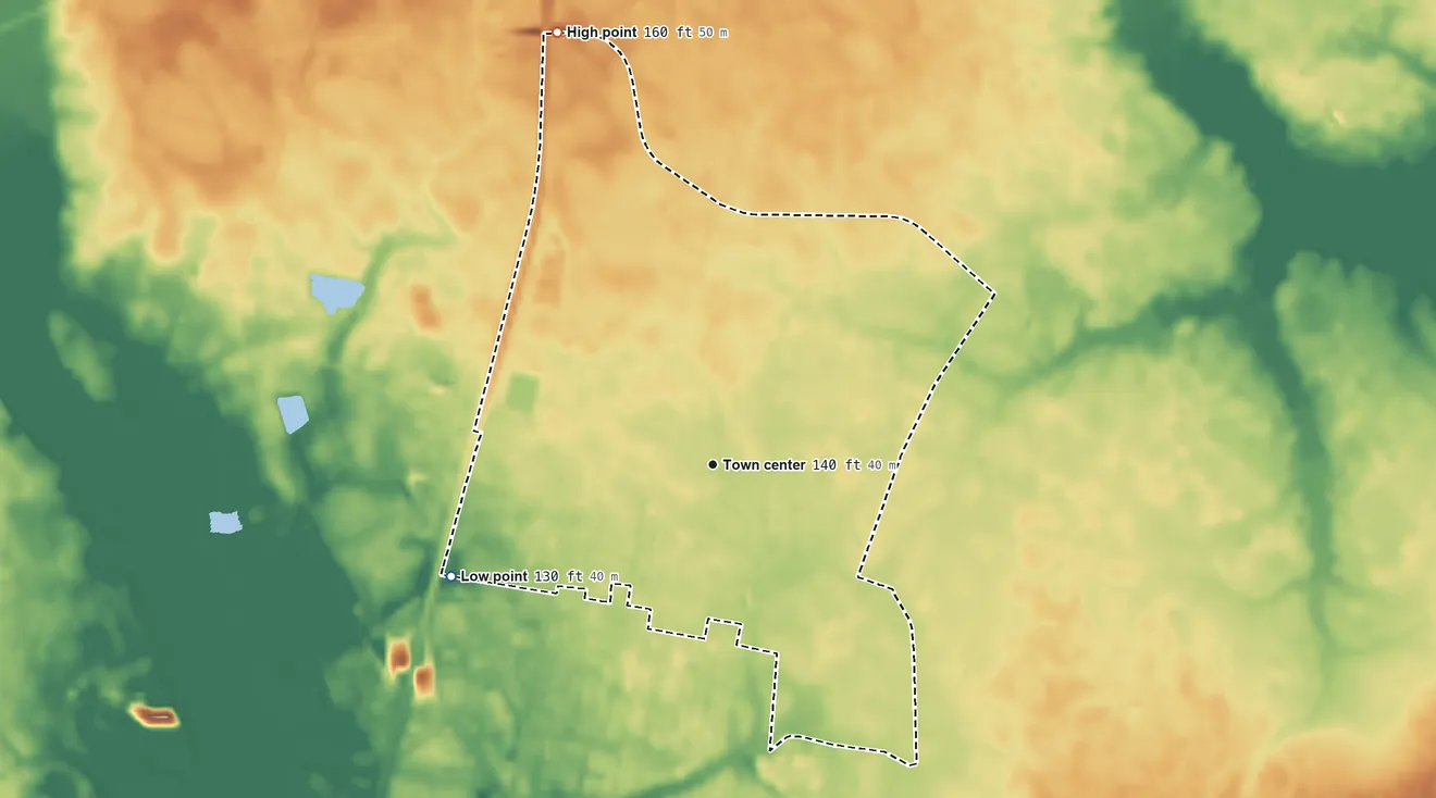 Topographic elevation map of Barker Ten Mile, North Carolina, shaded from 130 ft on the southwest side to 160 ft on the north side