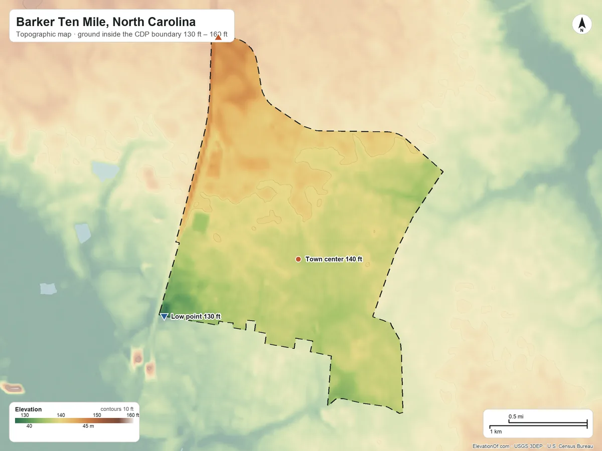 Topographic elevation map of Barker Ten Mile, North Carolina, shaded from 130 ft on the southwest side to 160 ft on the north side