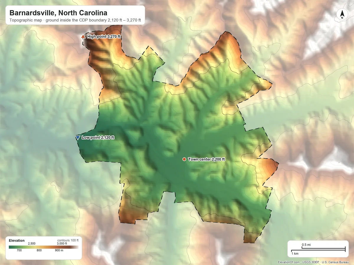 Topographic elevation map of Barnardsville, North Carolina, shaded from 2,120 ft on the west side to 3,270 ft on the northwest side