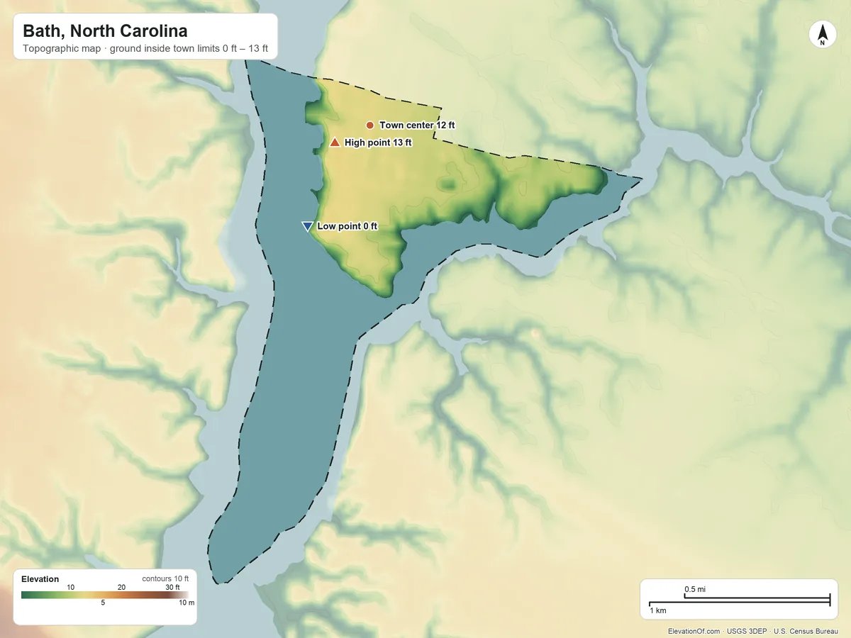 Topographic elevation map of Bath, North Carolina, shaded from 0 ft on the southwest side to 13 ft near the middle