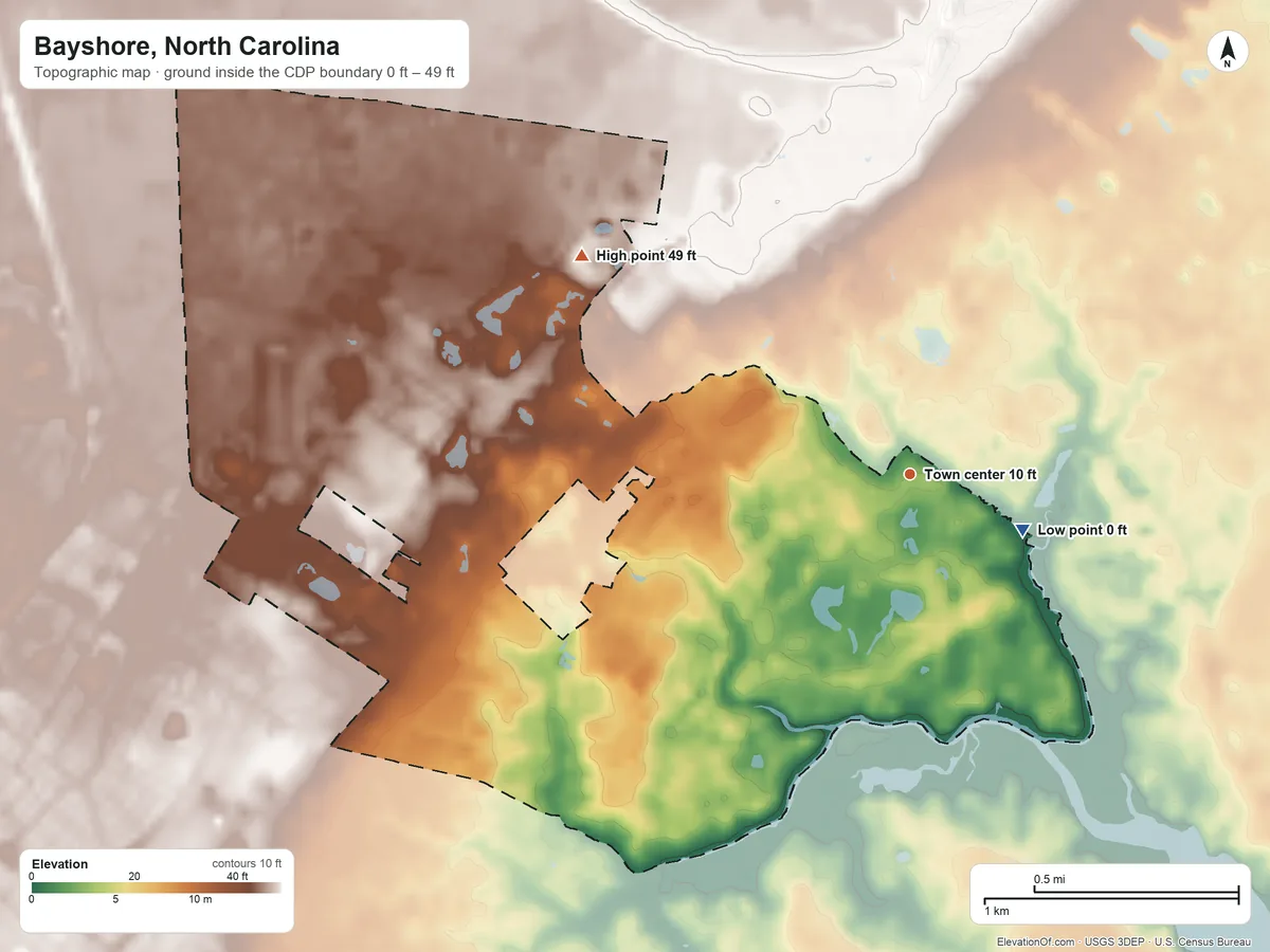 Topographic elevation map of Bayshore, North Carolina, shaded from 0 ft on the southeast side to 49 ft on the northwest side