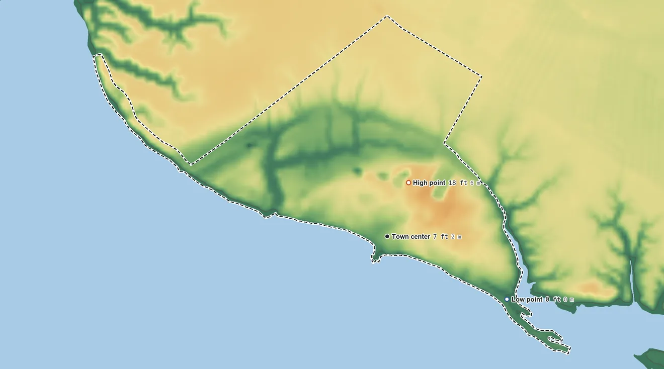 Topographic elevation map of Bayview, North Carolina, shaded from 0 ft on the southeast side to 18 ft near the middle