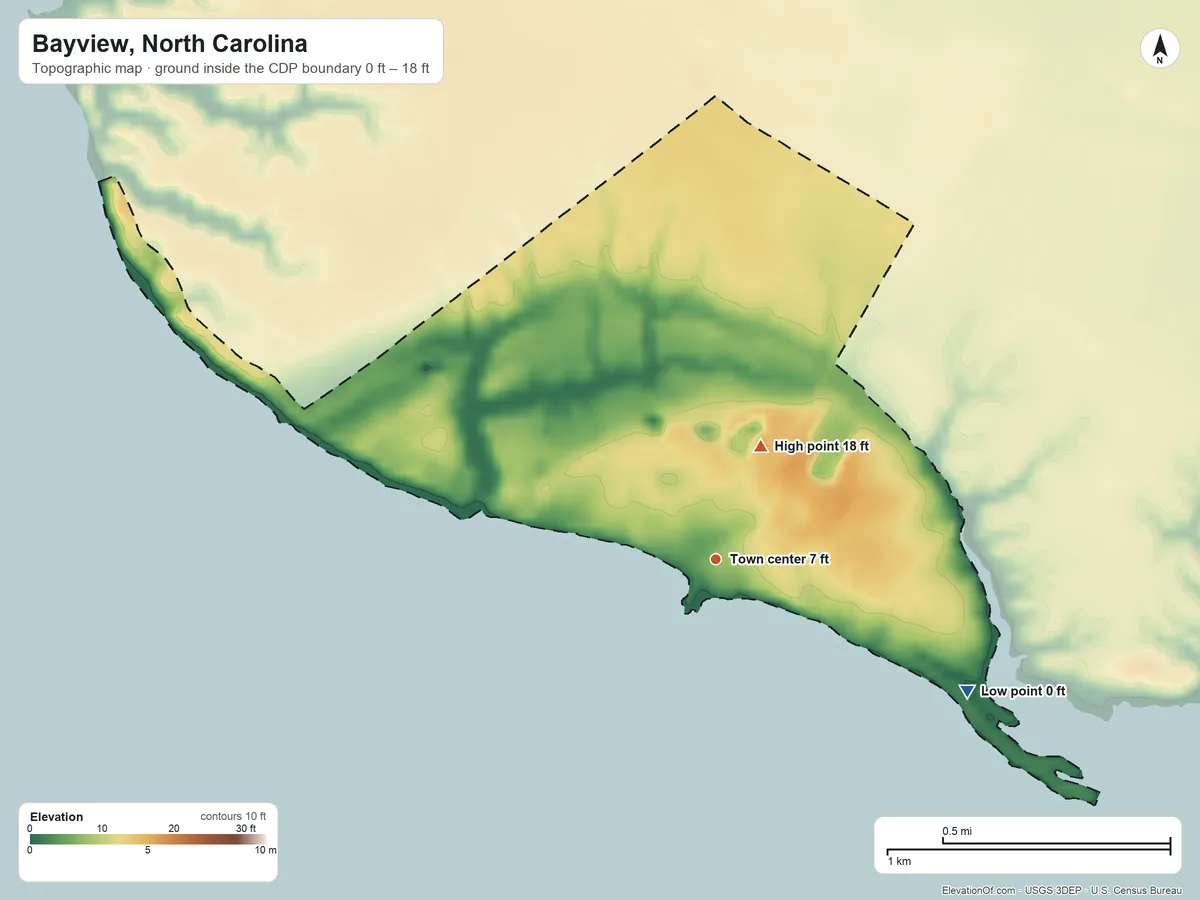 Topographic elevation map of Bayview, North Carolina, shaded from 0 ft on the southeast side to 18 ft near the middle