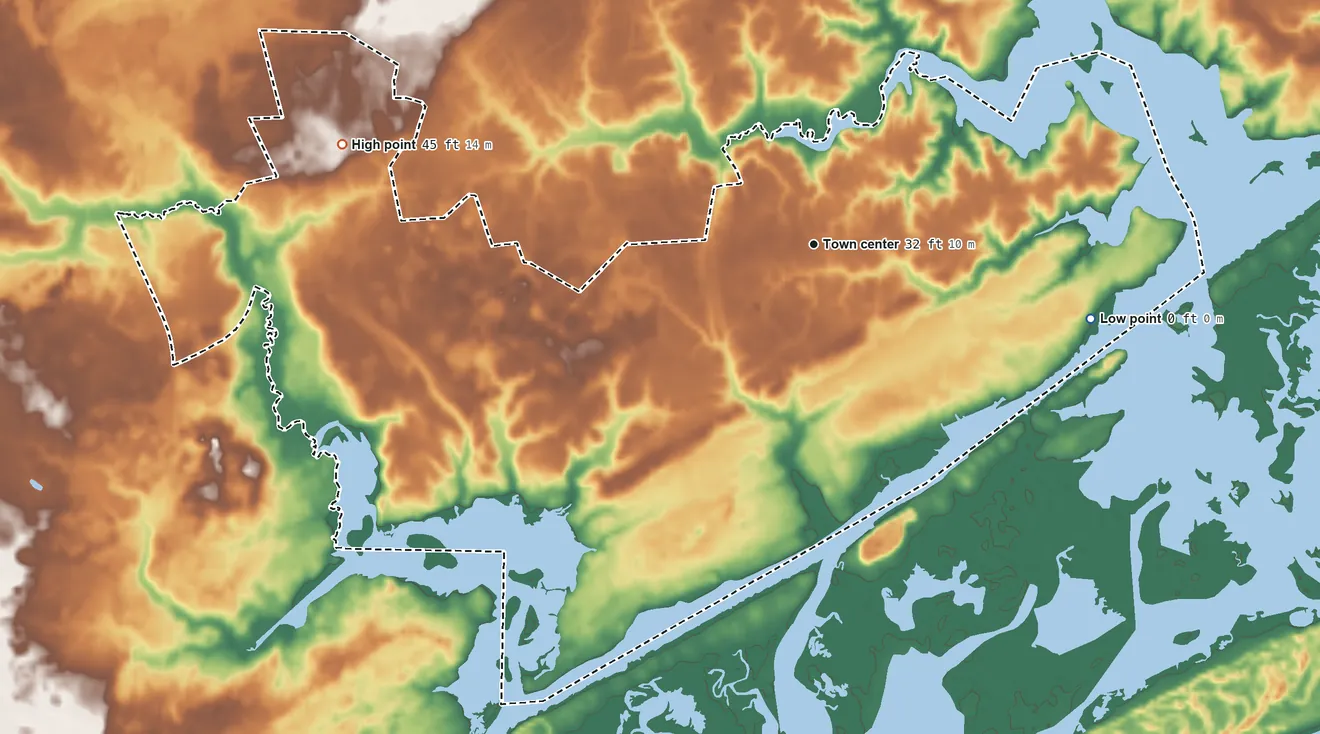 Topographic elevation map of Bear Creek, North Carolina, shaded from sea level level on the Intracoastal Waterway to 45 ft on the west side