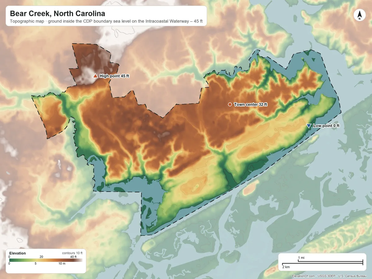 Topographic elevation map of Bear Creek, North Carolina, shaded from sea level level on the Intracoastal Waterway to 45 ft on the west side