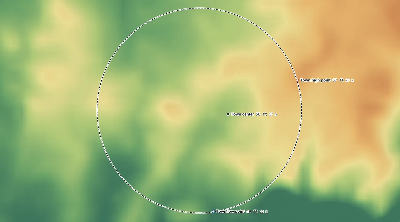 Topographic elevation map of Bear Grass, North Carolina, shaded from 49 ft on the south side to 67 ft on the northeast side
