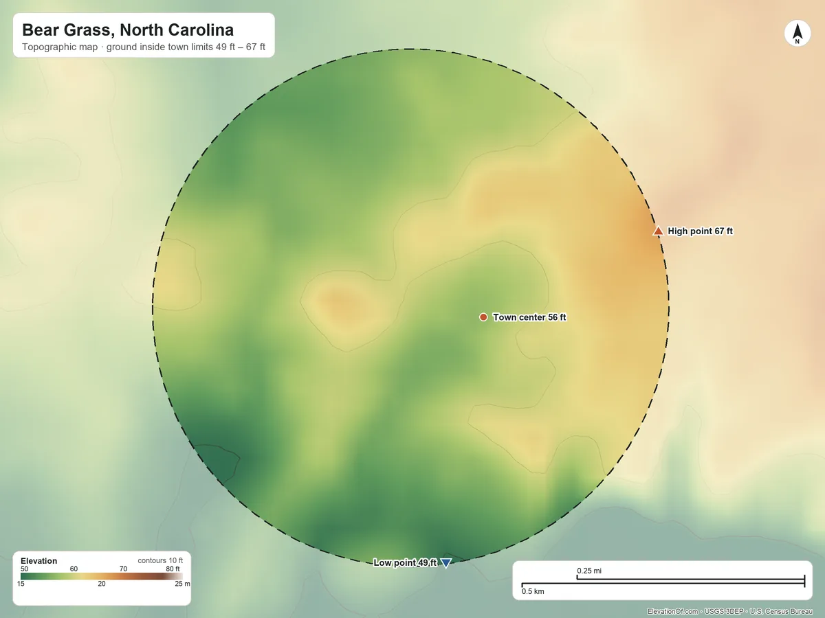 Topographic elevation map of Bear Grass, North Carolina, shaded from 49 ft on the south side to 67 ft on the northeast side
