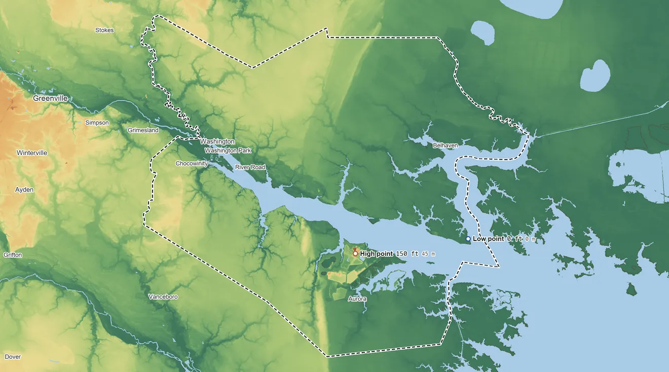 Topographic elevation map of Beaufort County, North Carolina, shaded from sea level on Pamlico Sound to 150 ft on the south side