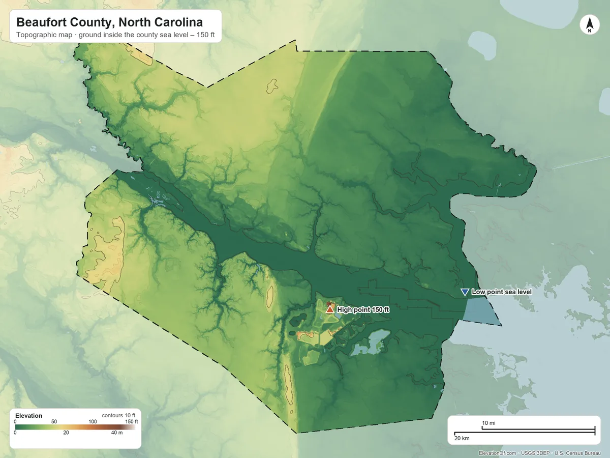 Topographic elevation map of Beaufort County, North Carolina, shaded from sea level on Pamlico Sound to 150 ft on the south side
