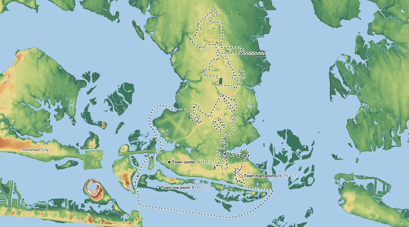 Topographic elevation map of Beaufort, North Carolina, shaded from sea level level on the Newport River to 20 ft on the east side