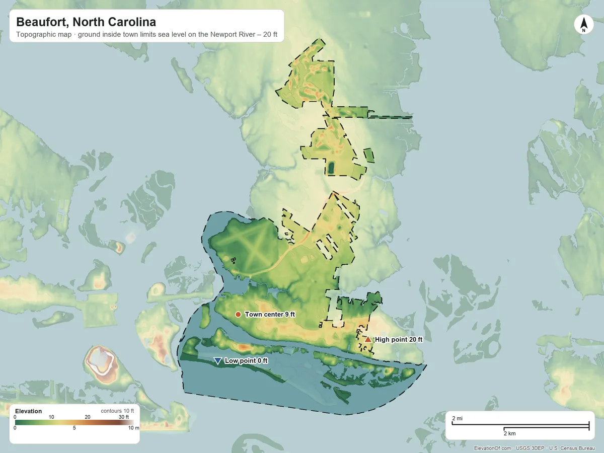 Topographic elevation map of Beaufort, North Carolina, shaded from sea level level on the Newport River to 20 ft on the east side