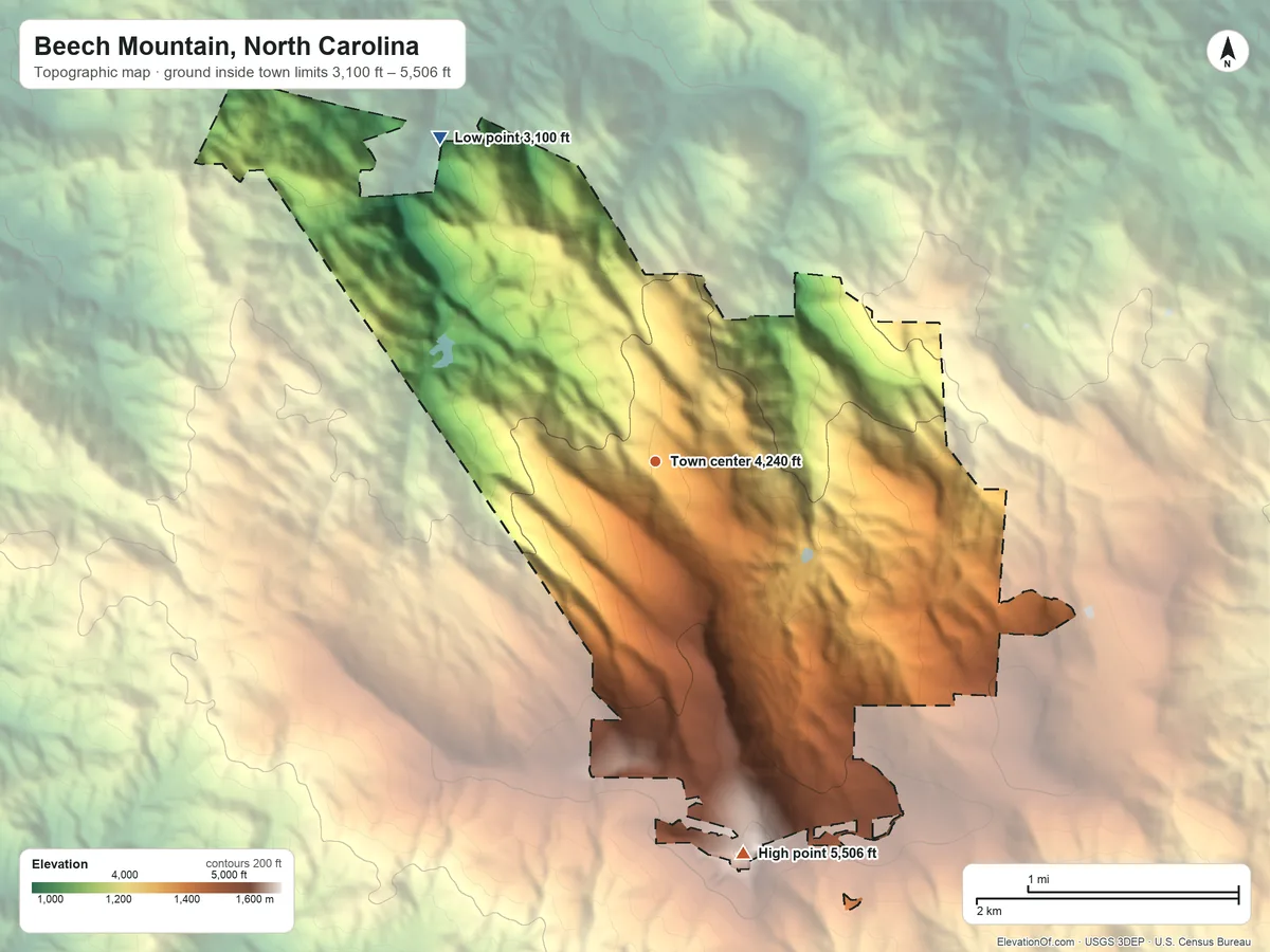 Topographic elevation map of Beech Mountain, North Carolina, shaded from 3,100 ft on the northwest side to 5,506 ft on Beech Mountain