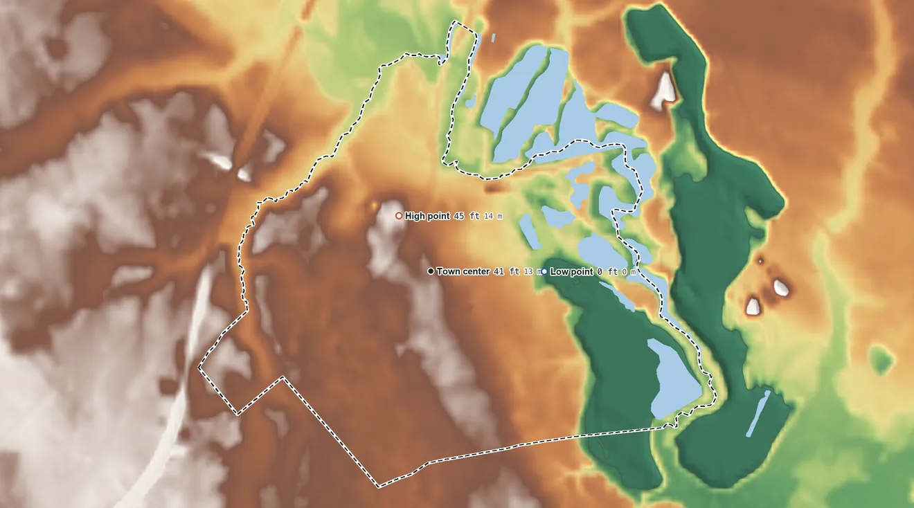 Topographic elevation map of Belgrade, North Carolina, shaded from 0 ft on the east side to 45 ft near the middle