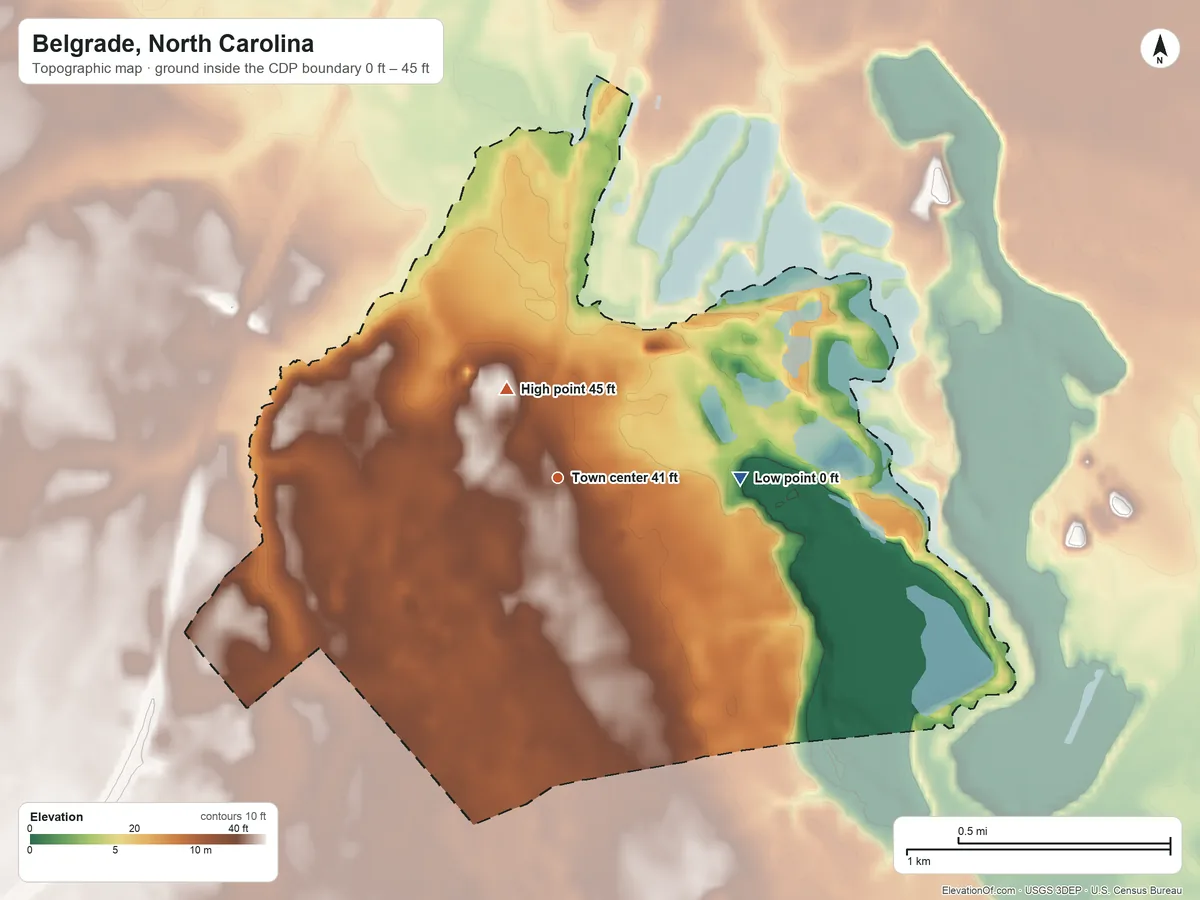 Topographic elevation map of Belgrade, North Carolina, shaded from 0 ft on the east side to 45 ft near the middle