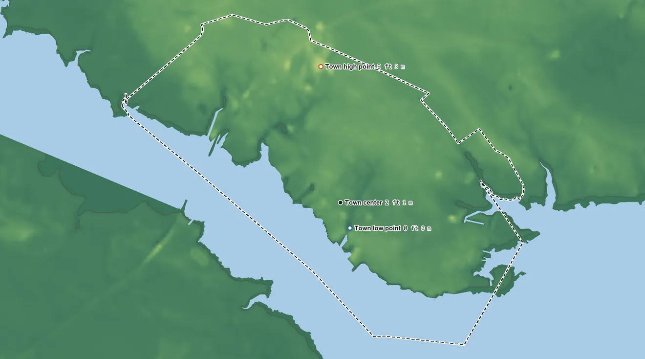Topographic elevation map of Belhaven, North Carolina, shaded from 0 ft near the middle to 9 ft on the north side