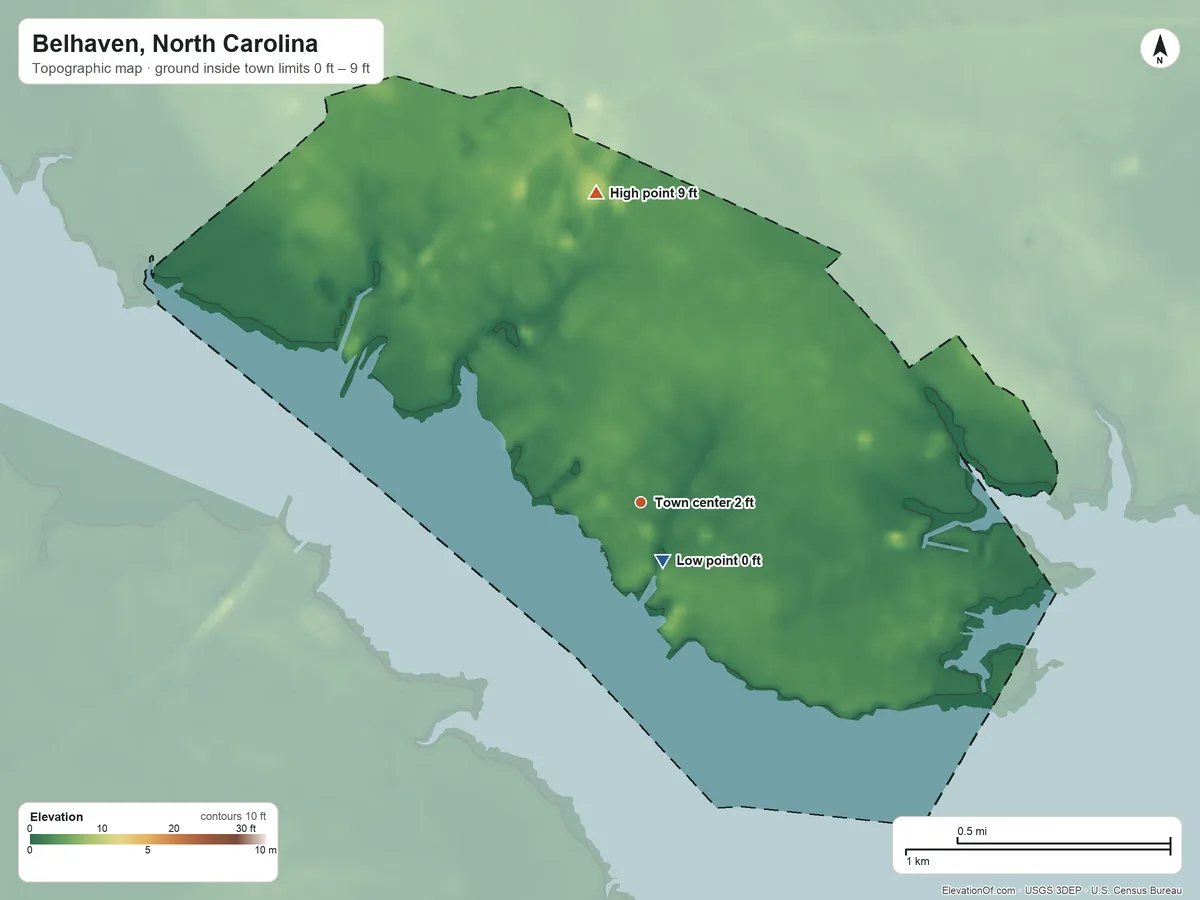 Topographic elevation map of Belhaven, North Carolina, shaded from 0 ft near the middle to 9 ft on the north side