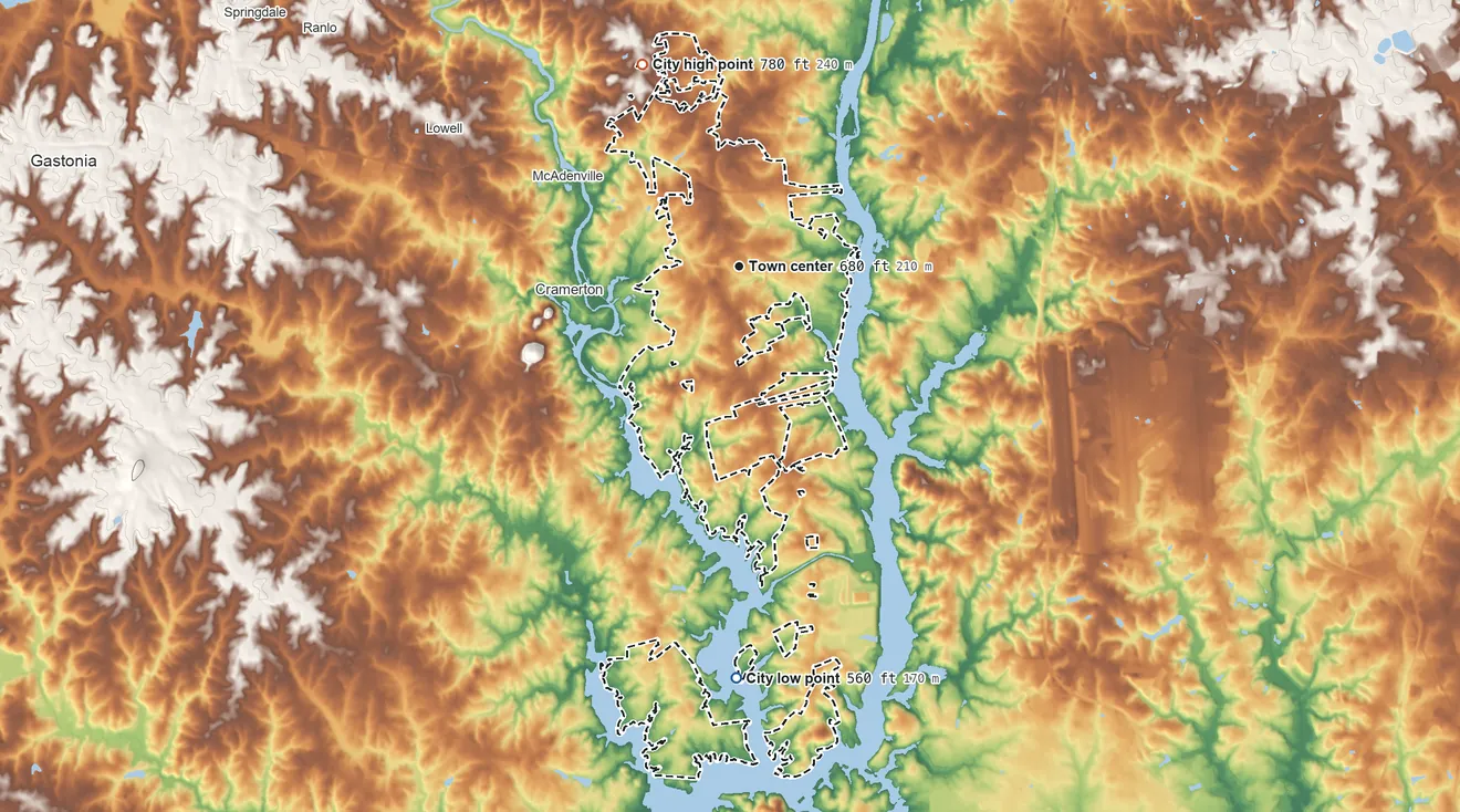 Topographic elevation map of Belmont, North Carolina, shaded from 560 ft on the south side to 780 ft on the northwest side