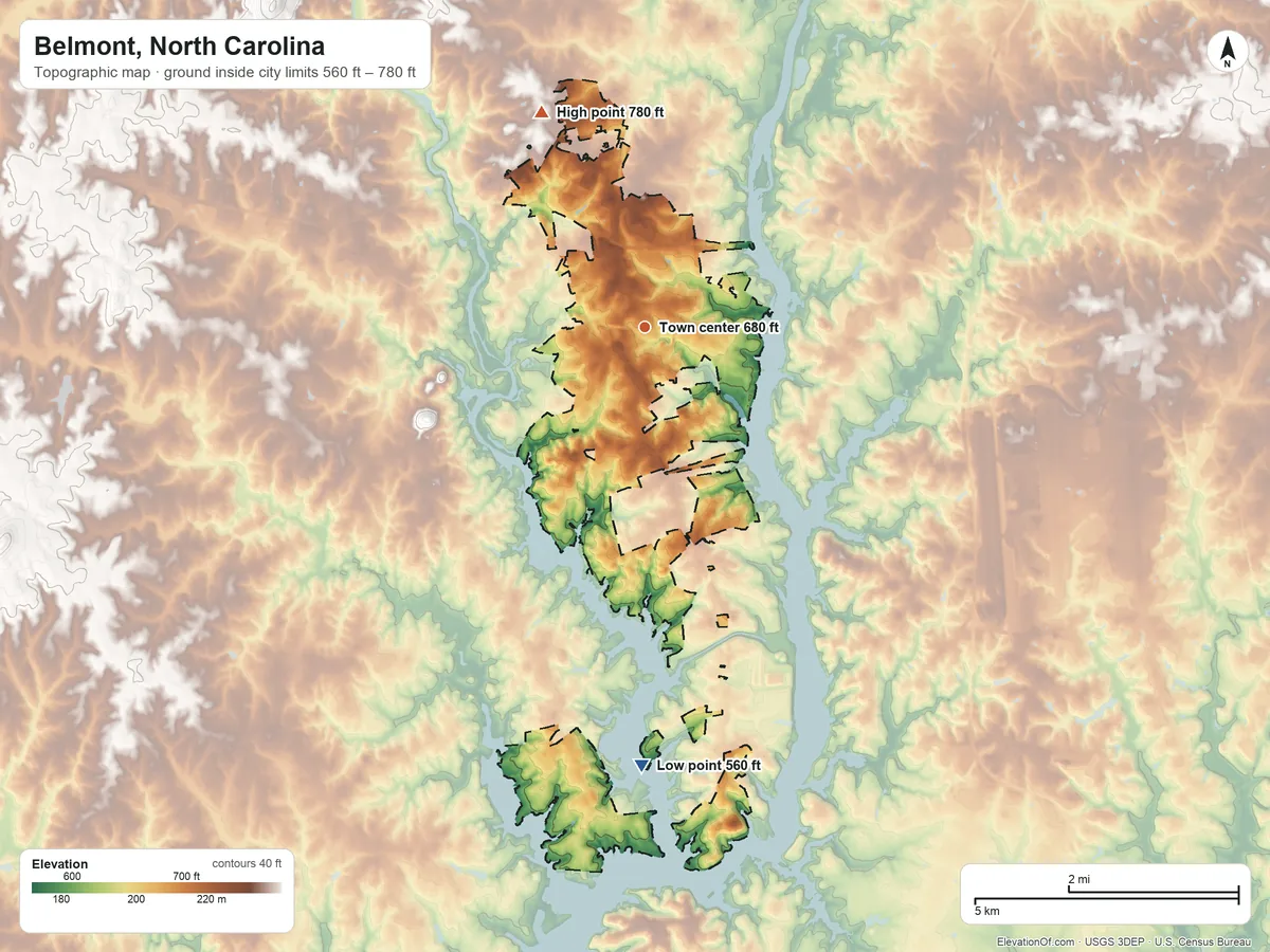 Topographic elevation map of Belmont, North Carolina, shaded from 560 ft on the south side to 780 ft on the northwest side