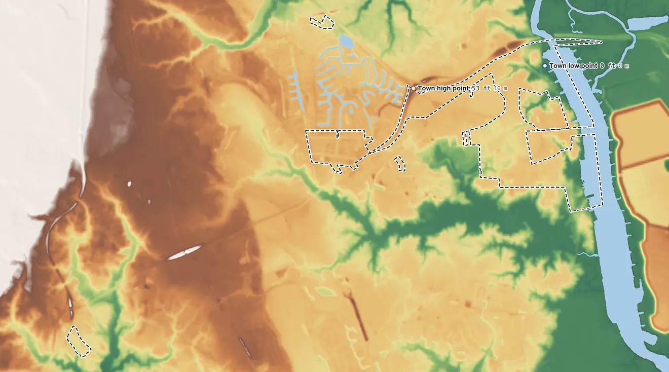 Topographic elevation map of Belville, North Carolina, shaded from 0 ft on the northeast side to 53 ft on the northwest side