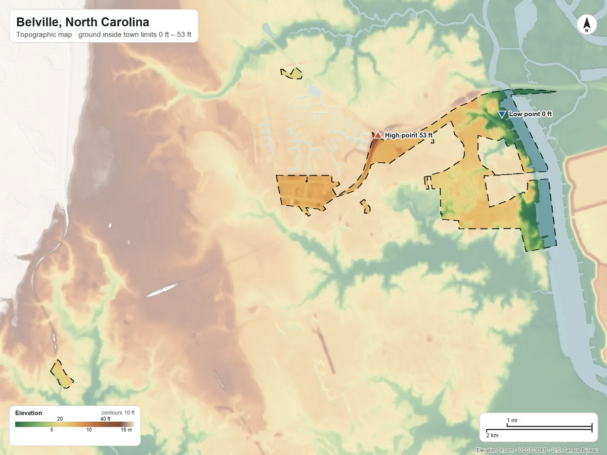 Topographic elevation map of Belville, North Carolina, shaded from 0 ft on the northeast side to 53 ft on the northwest side