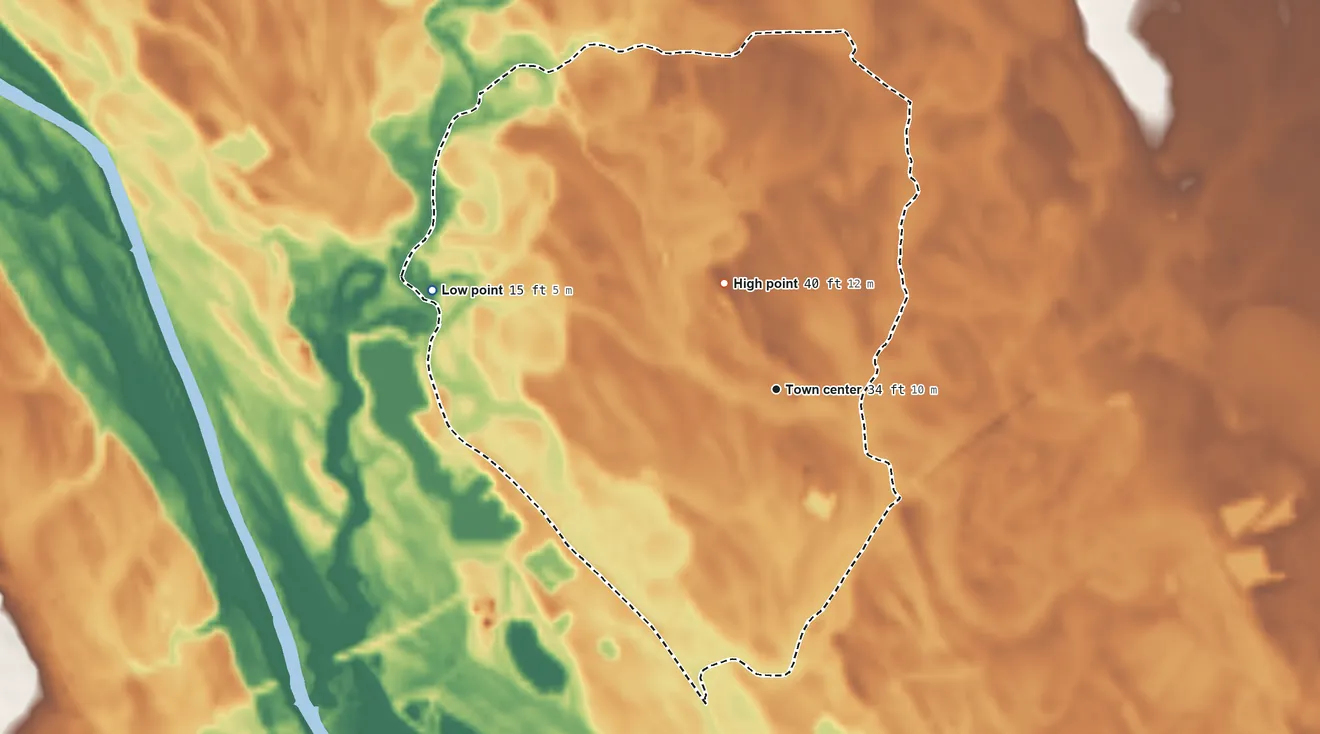 Topographic elevation map of Belvoir, North Carolina, shaded from 15 ft on the west side to 40 ft on the northwest side