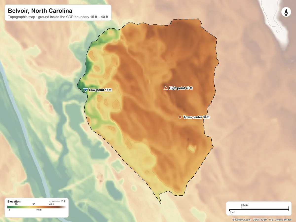 Topographic elevation map of Belvoir, North Carolina, shaded from 15 ft on the west side to 40 ft on the northwest side