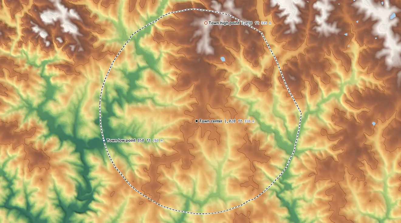 Topographic elevation map of Belwood, North Carolina, shaded from 850 ft on the west side to 1,090 ft on the north side