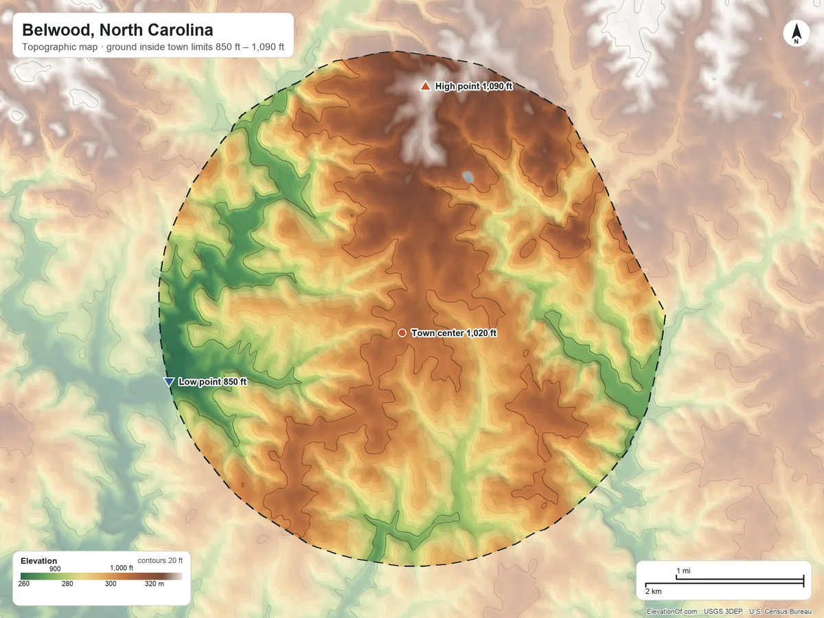 Topographic elevation map of Belwood, North Carolina, shaded from 850 ft on the west side to 1,090 ft on the north side
