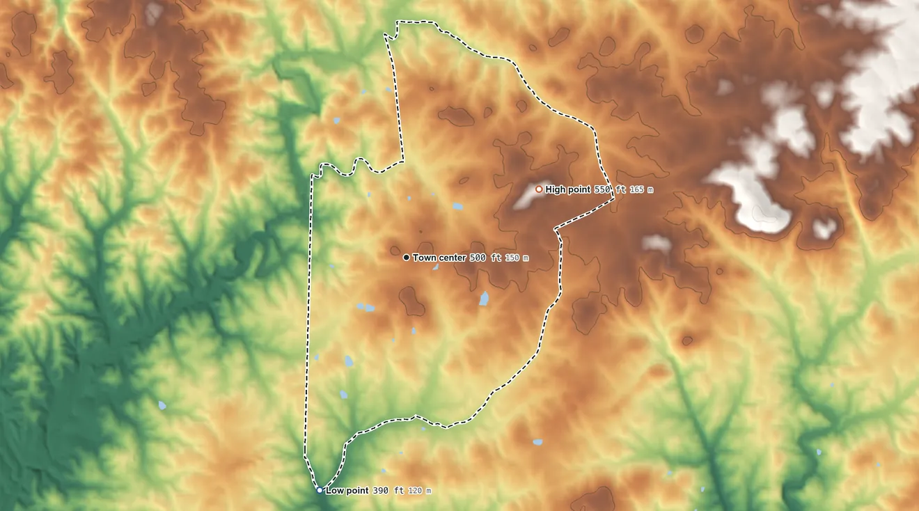 Topographic elevation map of Bennett, North Carolina, shaded from 390 ft on the south side to 550 ft on the northeast side