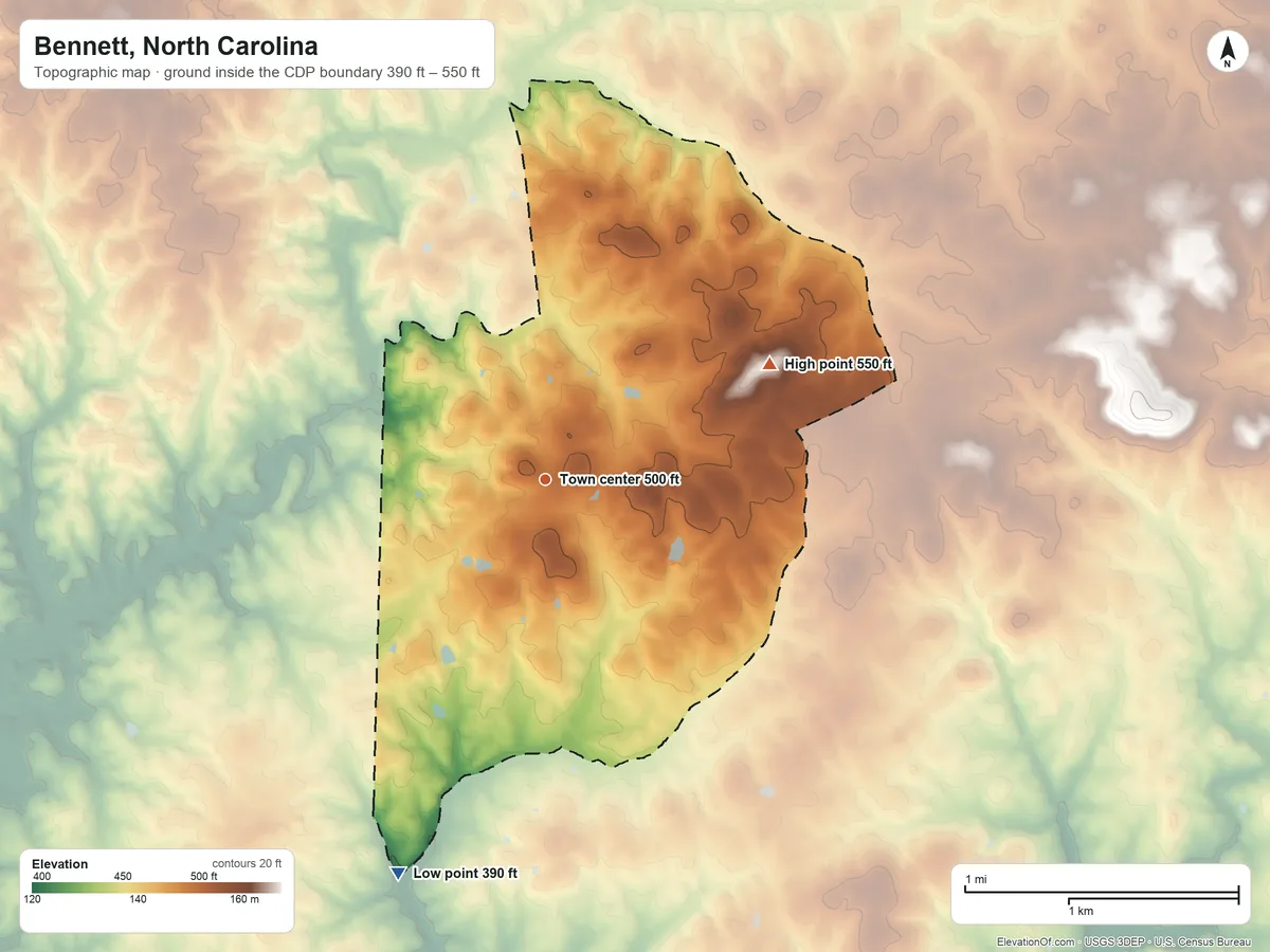 Topographic elevation map of Bennett, North Carolina, shaded from 390 ft on the south side to 550 ft on the northeast side