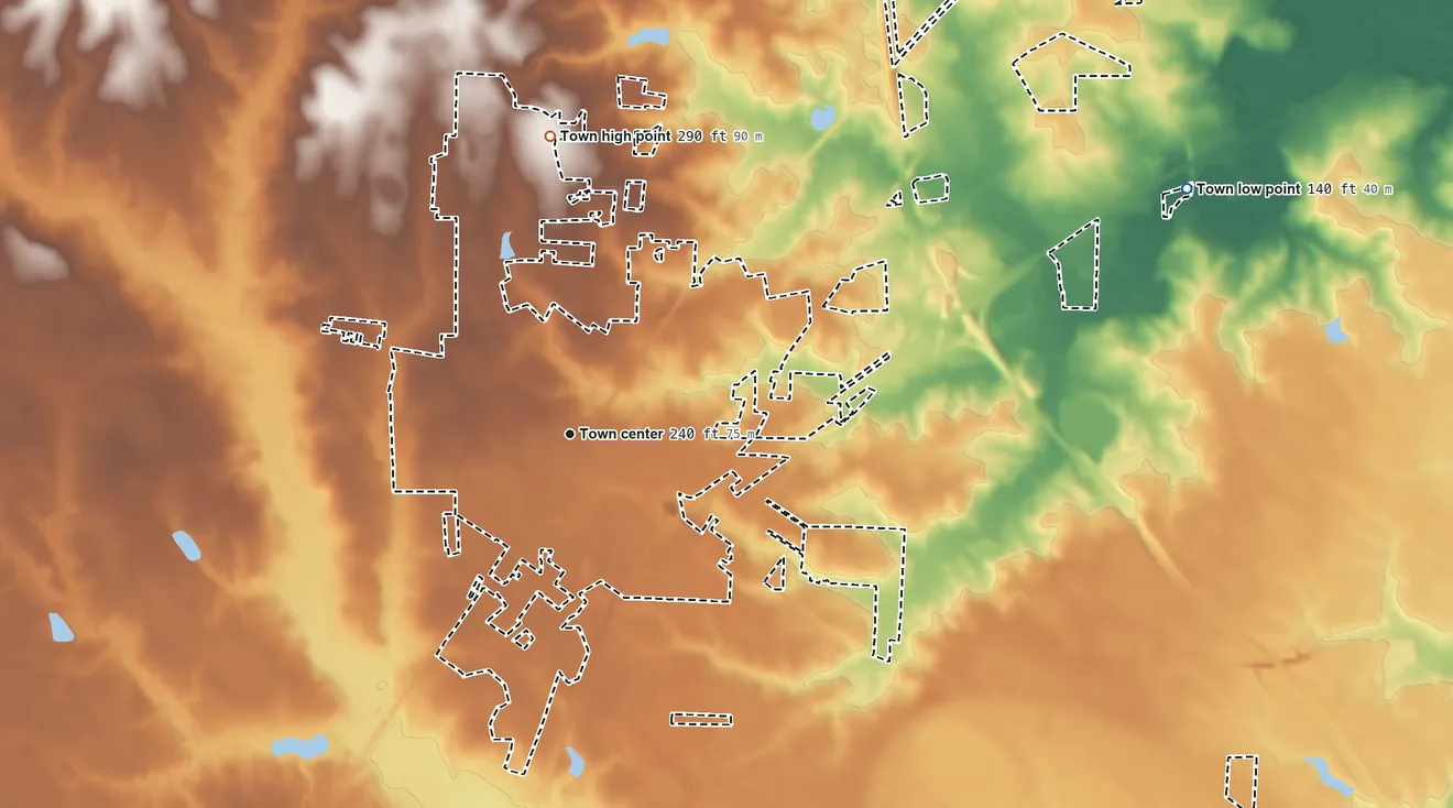 Topographic elevation map of Benson, North Carolina, shaded from 140 ft on the east side to 290 ft on the north side