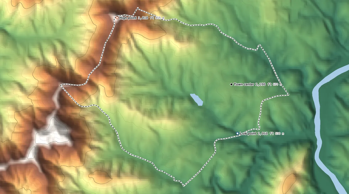 Topographic elevation map of Bent Creek, North Carolina, shaded from 2,060 ft on the south side to 3,010 ft on Rice Pinnacle