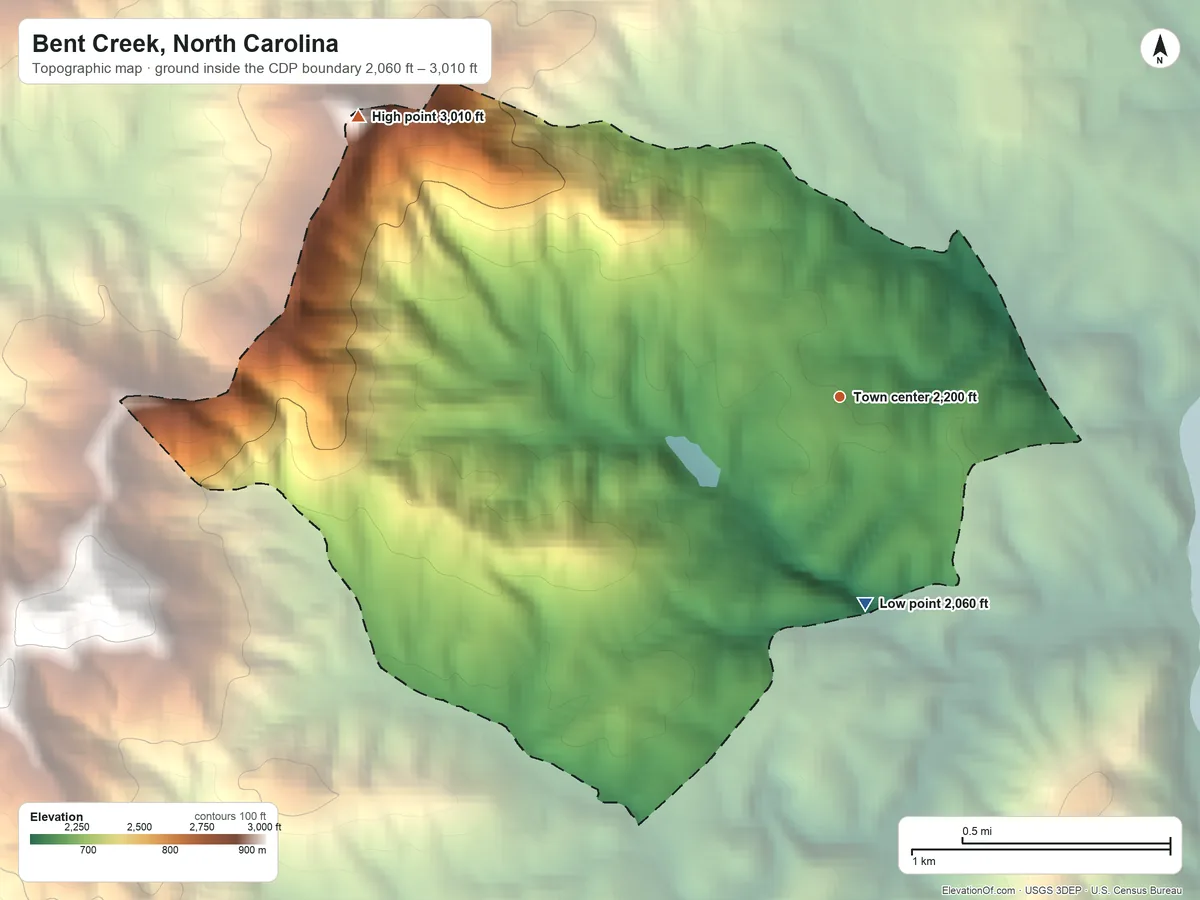 Topographic elevation map of Bent Creek, North Carolina, shaded from 2,060 ft on the south side to 3,010 ft on Rice Pinnacle