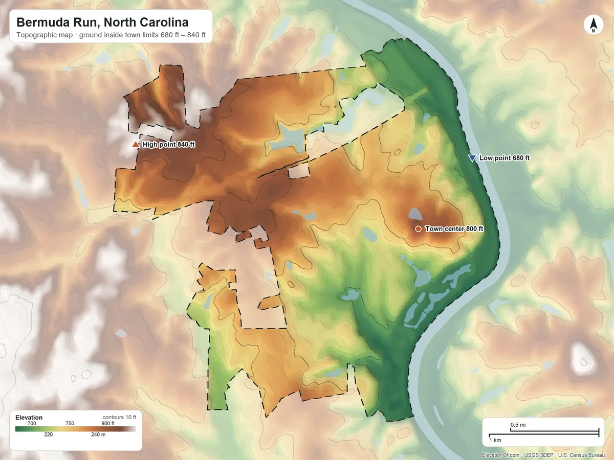 Topographic elevation map of Bermuda Run, North Carolina, shaded from 680 ft on the northeast side to 840 ft on the west side