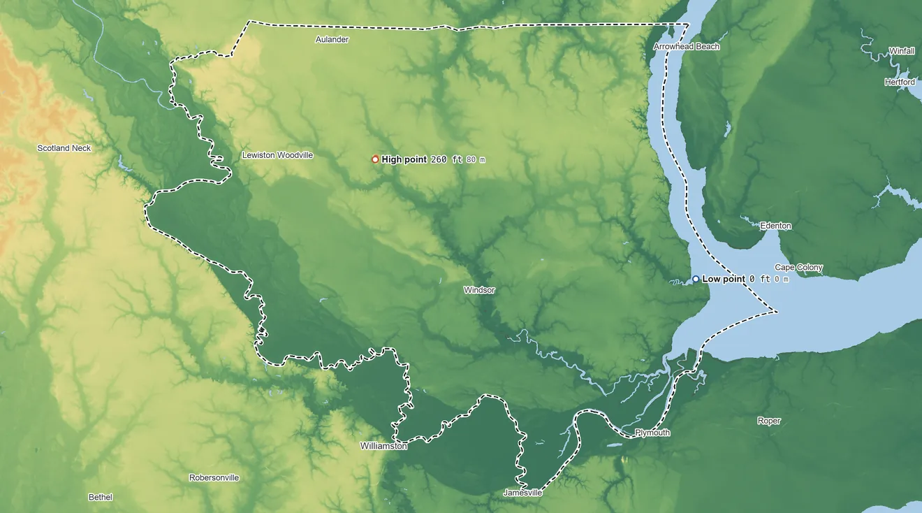 Topographic elevation map of Bertie County, North Carolina, shaded from sea level on Albemarle Sound to 260 ft on the northwest side