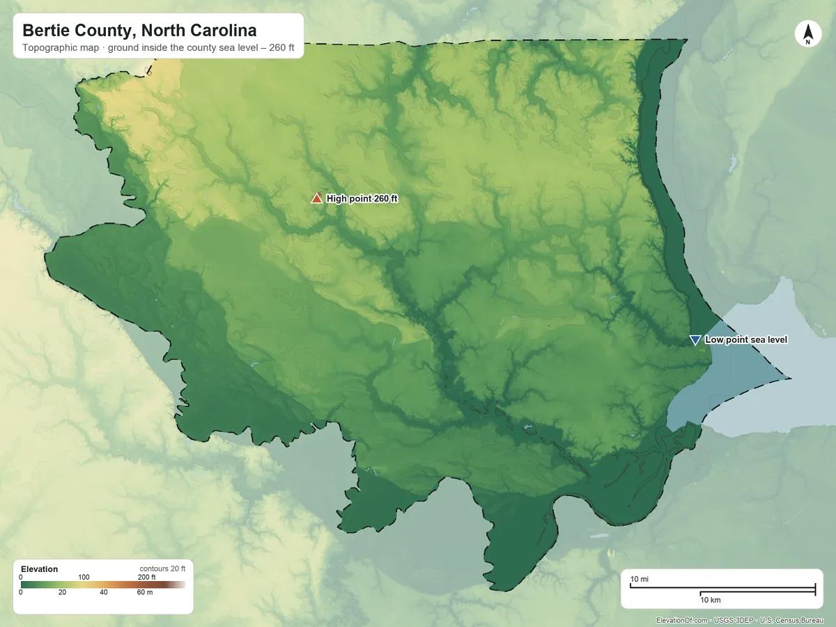 Topographic elevation map of Bertie County, North Carolina, shaded from sea level on Albemarle Sound to 260 ft on the northwest side