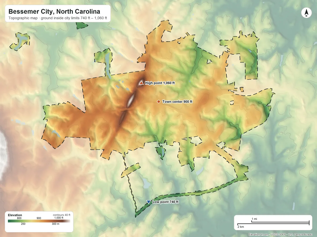 Topographic elevation map of Bessemer City, North Carolina, shaded from 740 ft on the south side to 1,060 ft near the middle