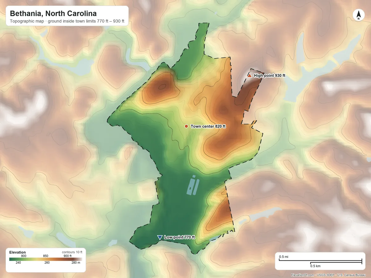 Topographic elevation map of Bethania, North Carolina, shaded from 770 ft on the south side to 930 ft on the northeast side