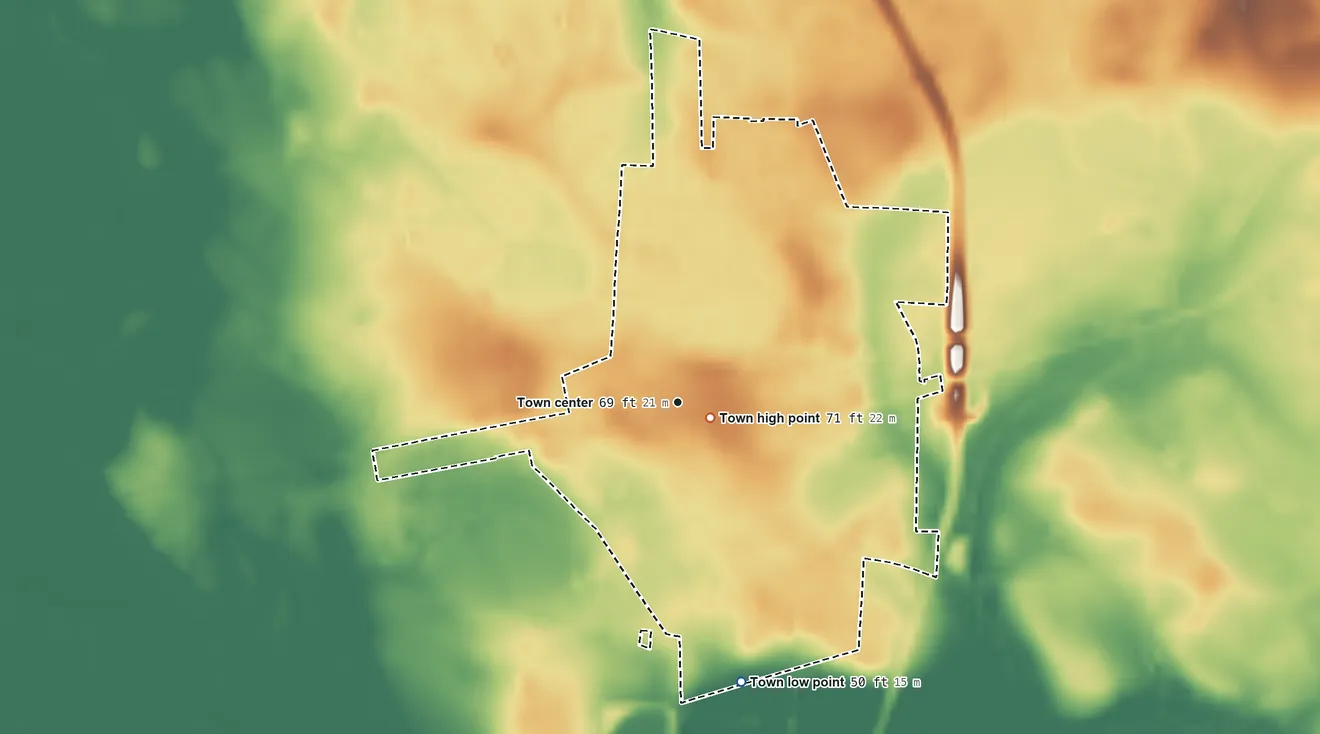 Topographic elevation map of Bethel, North Carolina, shaded from 50 ft on the south side to 71 ft near the middle