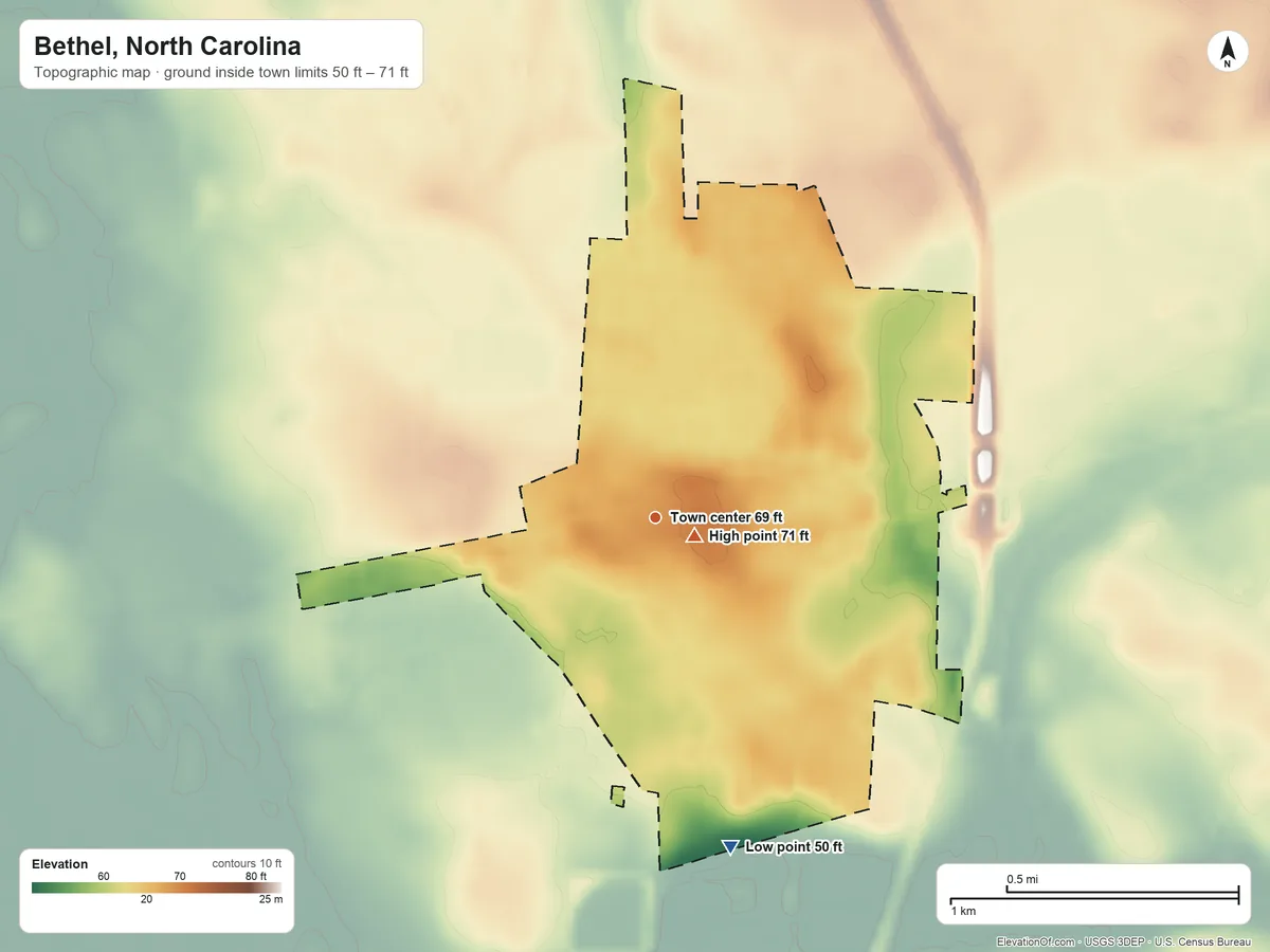 Topographic elevation map of Bethel, North Carolina, shaded from 50 ft on the south side to 71 ft near the middle